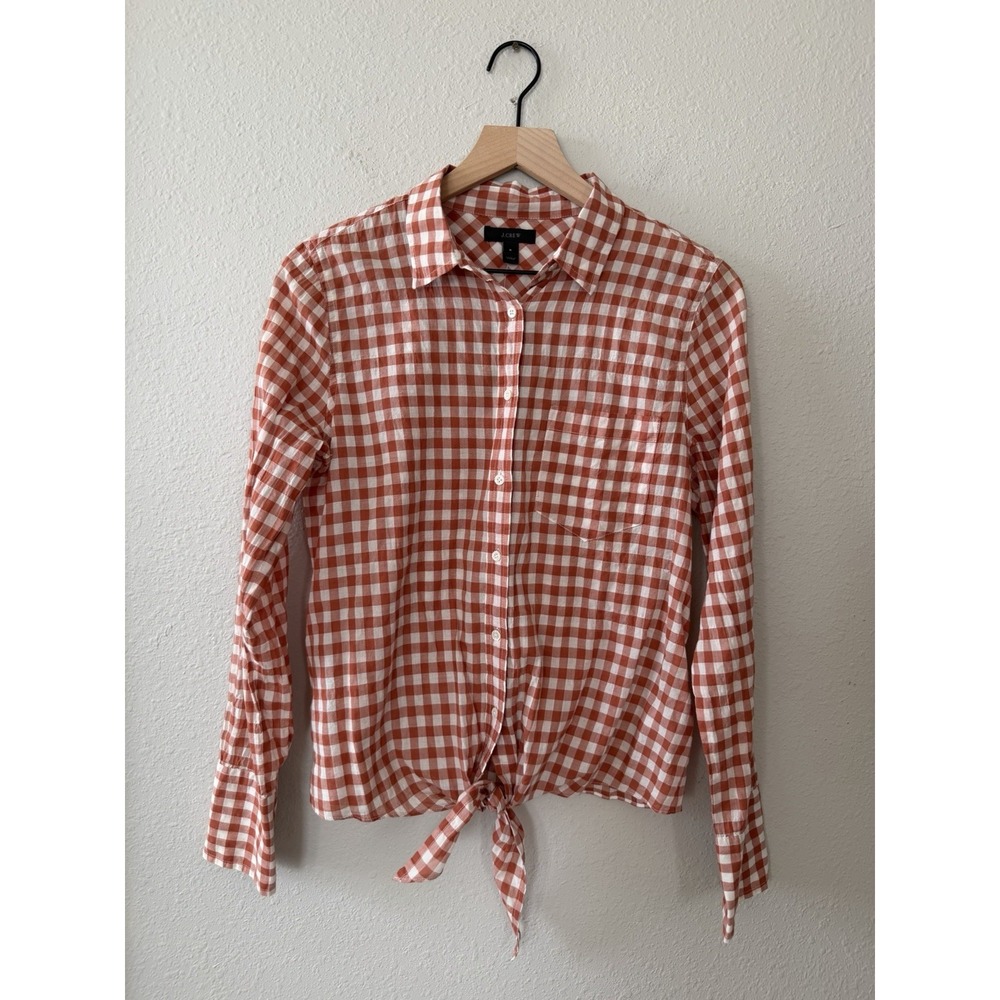NWT J.Crew Women Orange Rust Tie Front Boyfriend Gingham Western Shirt Sz 8